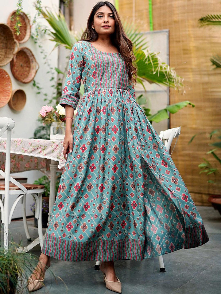Blue Printed Silk Dress - ShopLibas