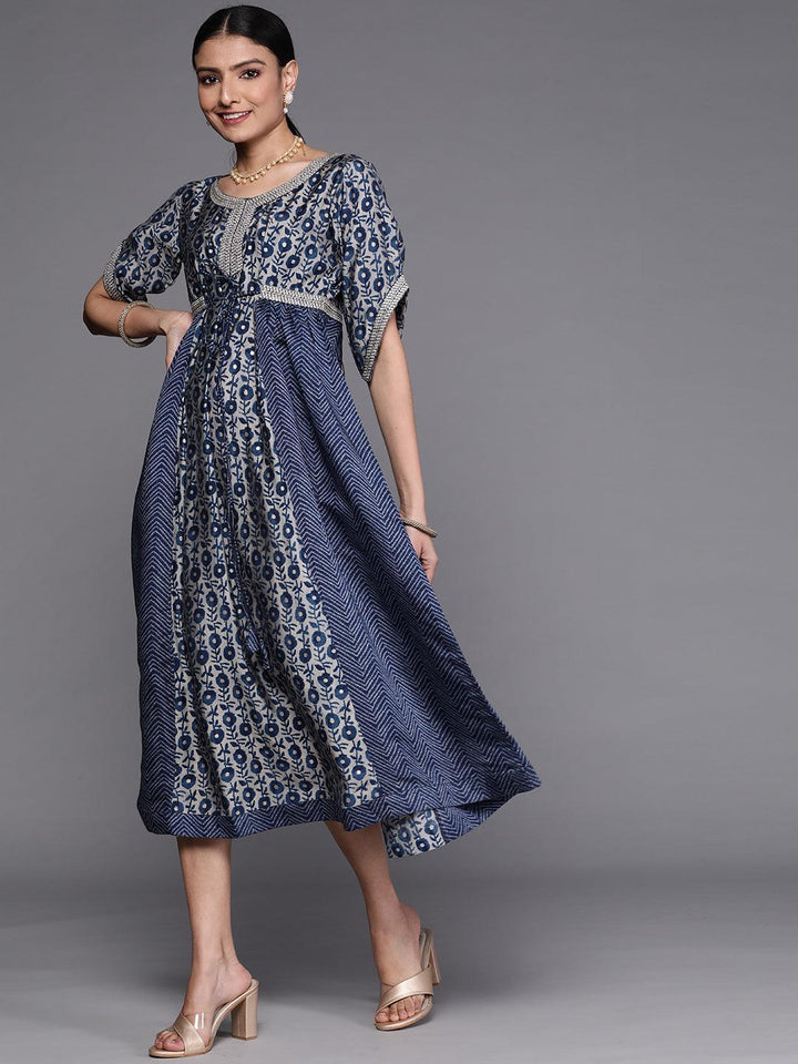Navy Blue Printed Silk Dress - ShopLibas