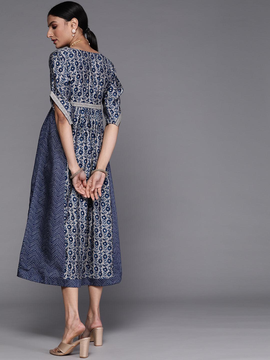 Navy Blue Printed Silk Dress - ShopLibas