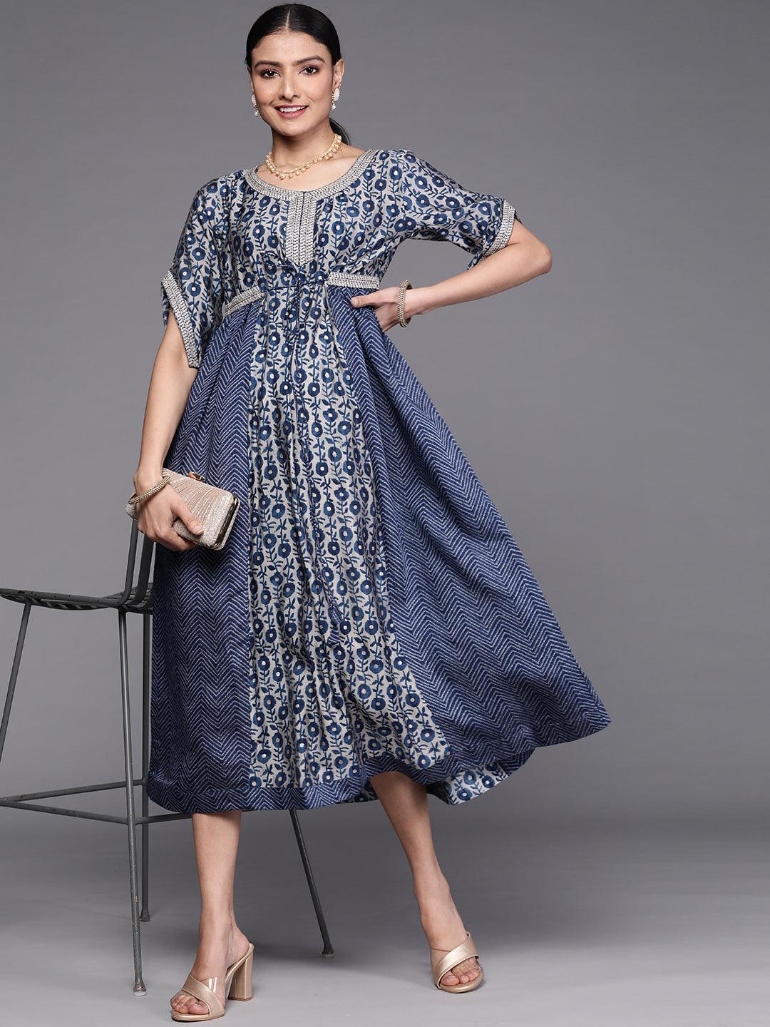 Navy Blue Printed Silk Dress - ShopLibas