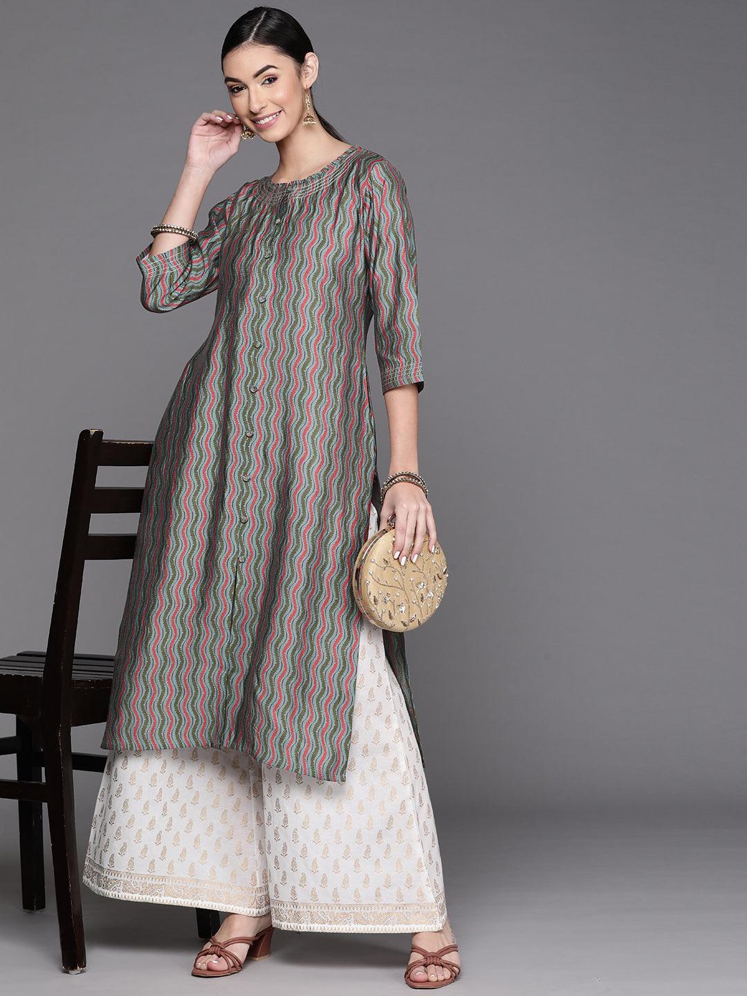 Blue Printed Chanderi Silk Kurta - ShopLibas