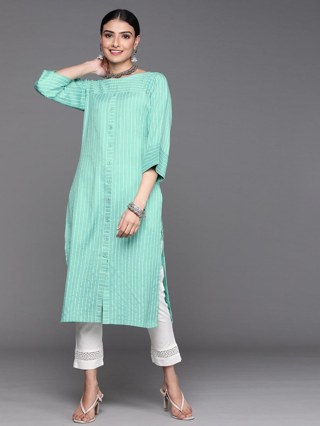 Sea Green Striped Cotton Kurta - ShopLibas