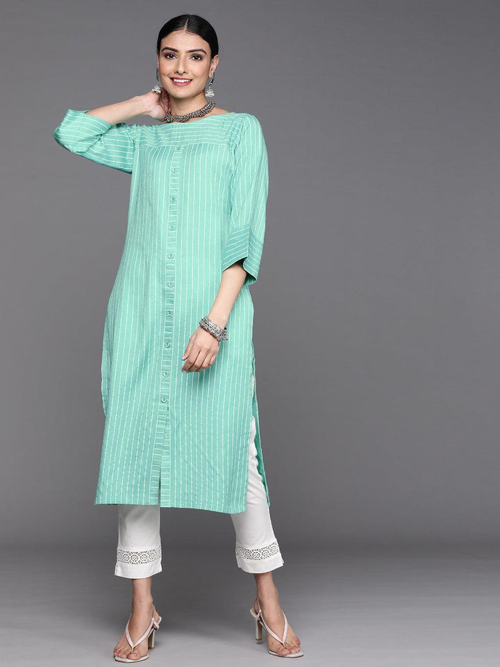 Sea Green Striped Cotton Kurta - ShopLibas