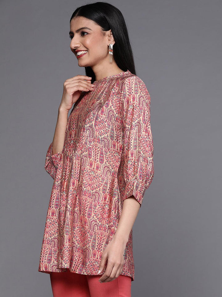 Beige Printed Silk Blend Kurti - ShopLibas