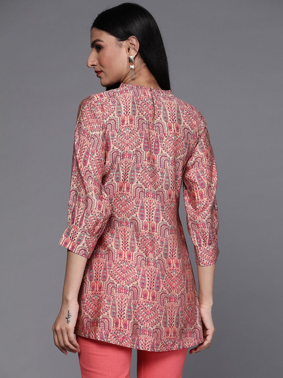 Beige Printed Silk Blend Kurti - ShopLibas