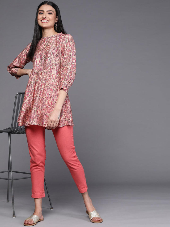 Beige Printed Silk Blend Kurti - ShopLibas
