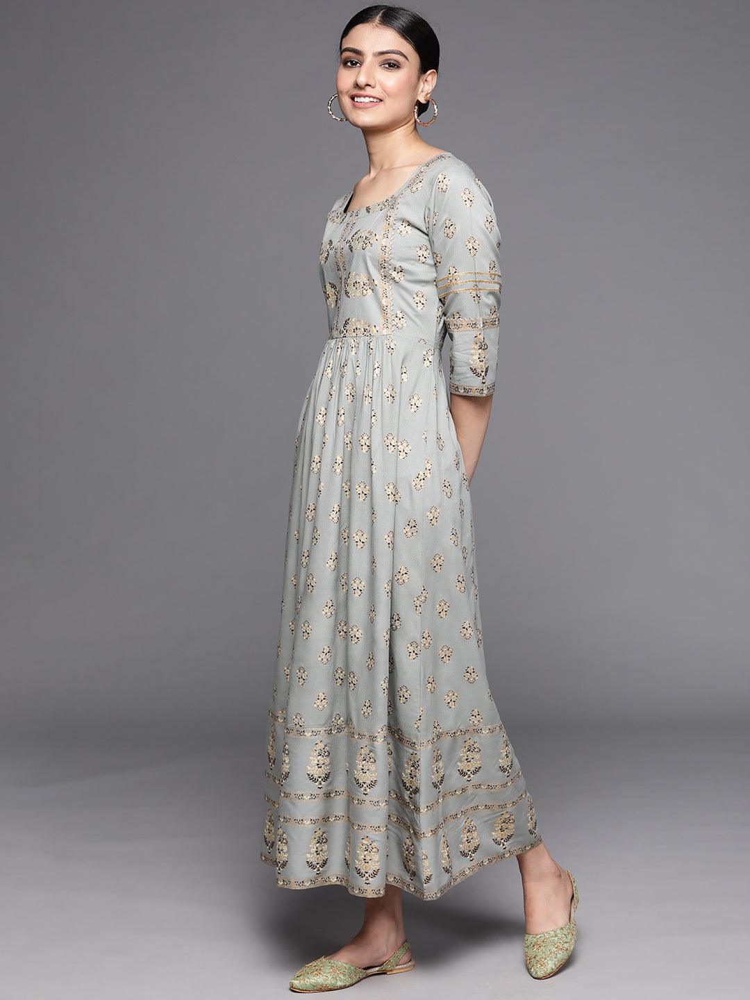 Grey Printed Viscose Rayon Dress - ShopLibas
