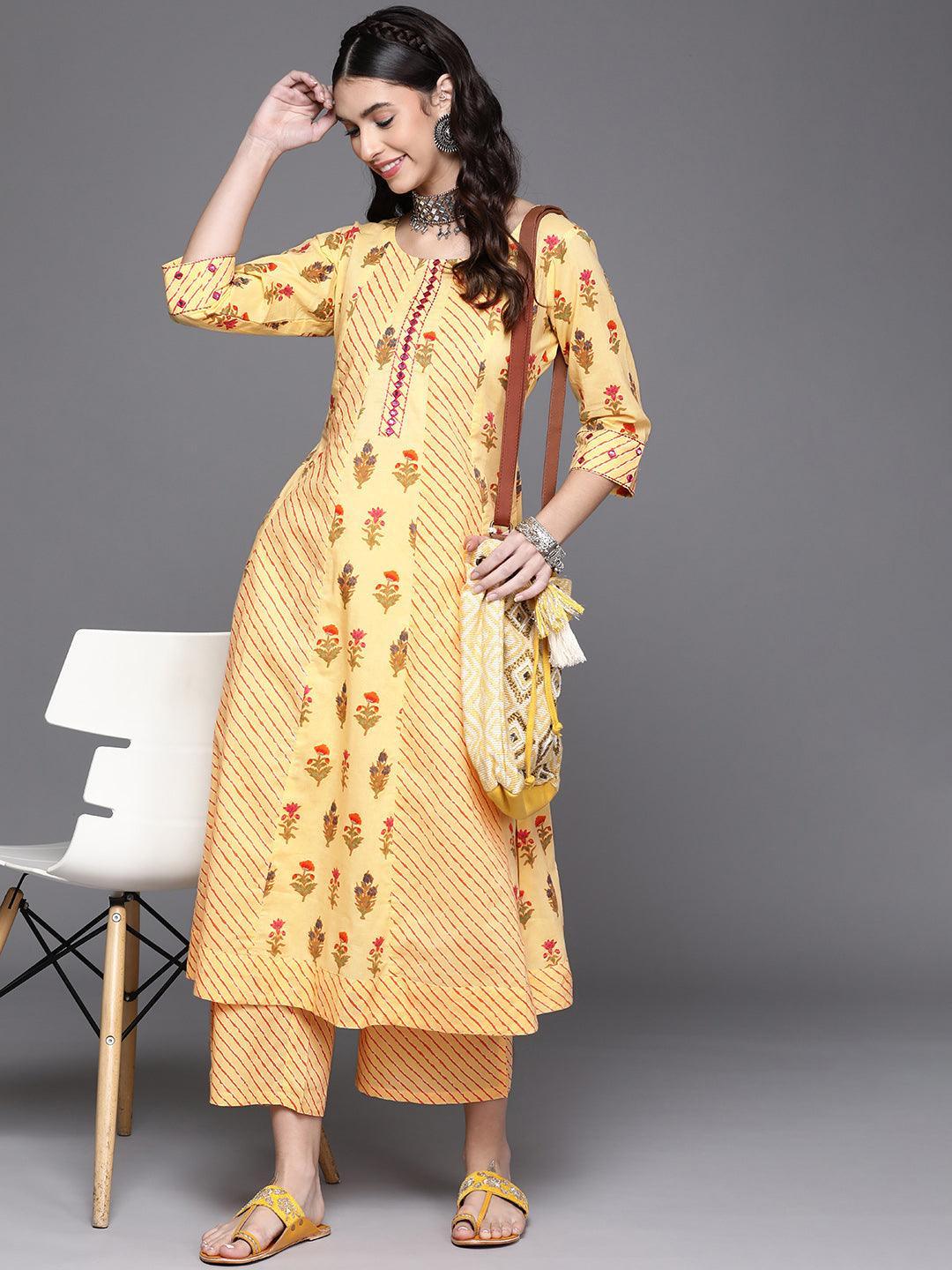 Yellow Printed Cotton Kurta - ShopLibas