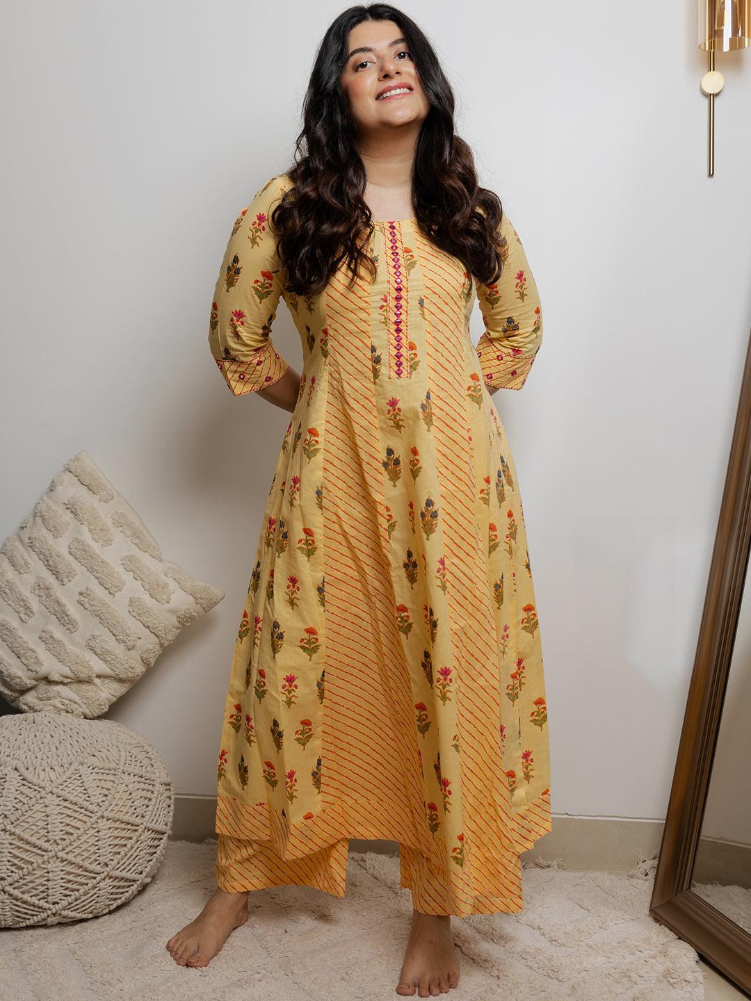 Yellow Printed Cotton Kurta - ShopLibas