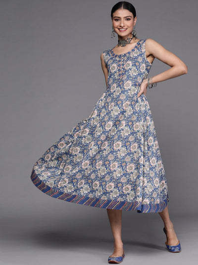 Blue Printed Cotton Dress - ShopLibas