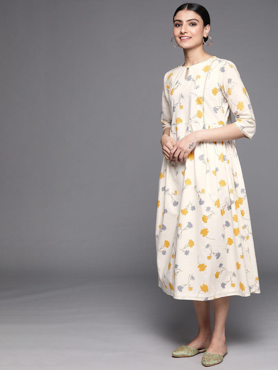Off White Printed Cotton Dress - ShopLibas