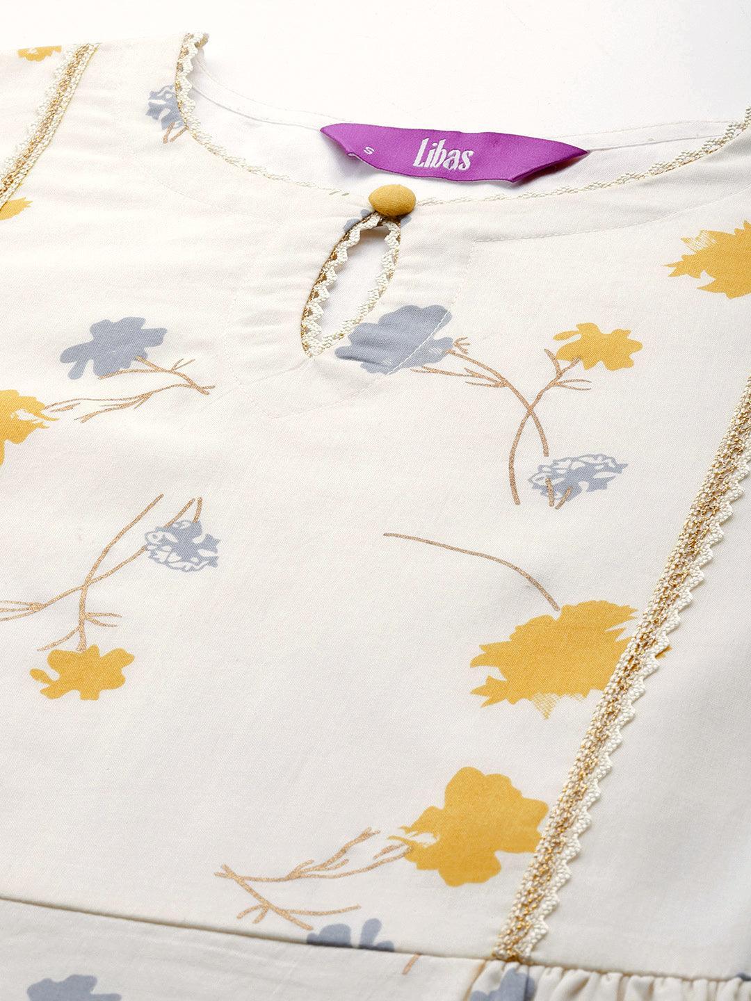 Off White Printed Cotton Dress - ShopLibas