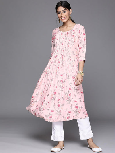 Pink Printed Chanderi Silk Kurta - ShopLibas