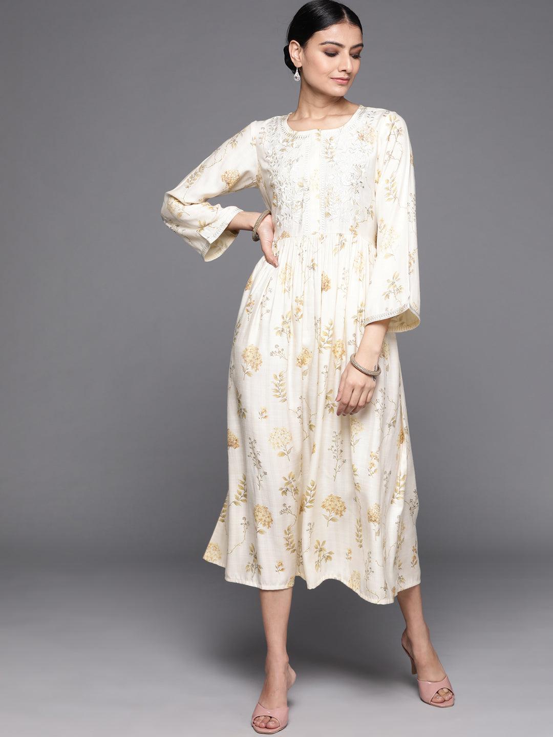 Cream Printed Viscose Rayon Dress - ShopLibas