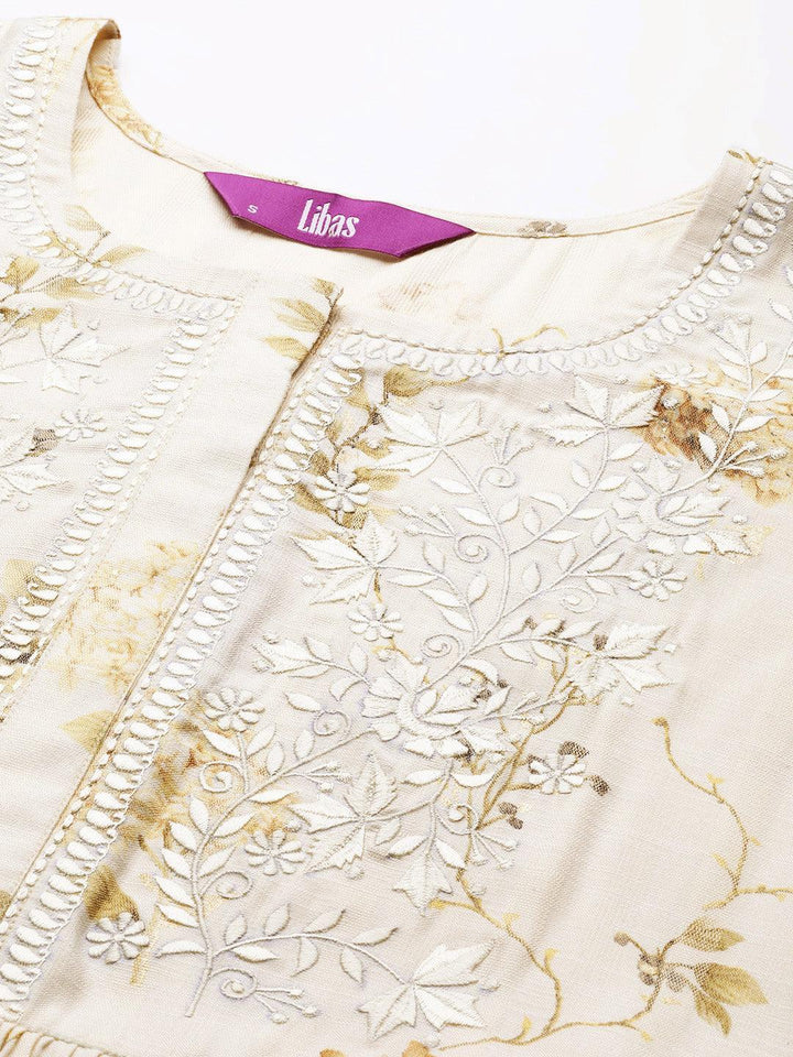 Cream Printed Viscose Rayon Dress - ShopLibas