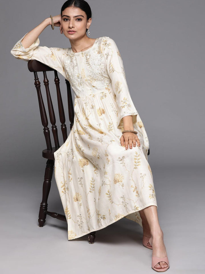Cream Printed Viscose Rayon Dress - ShopLibas