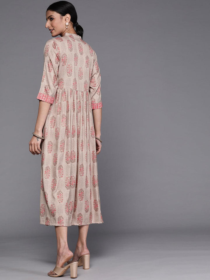 Taupe Printed Rayon Dress - ShopLibas