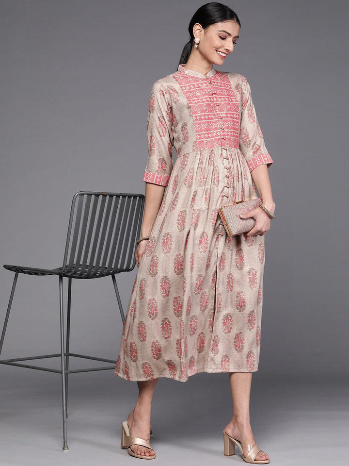Taupe Printed Rayon Dress - ShopLibas
