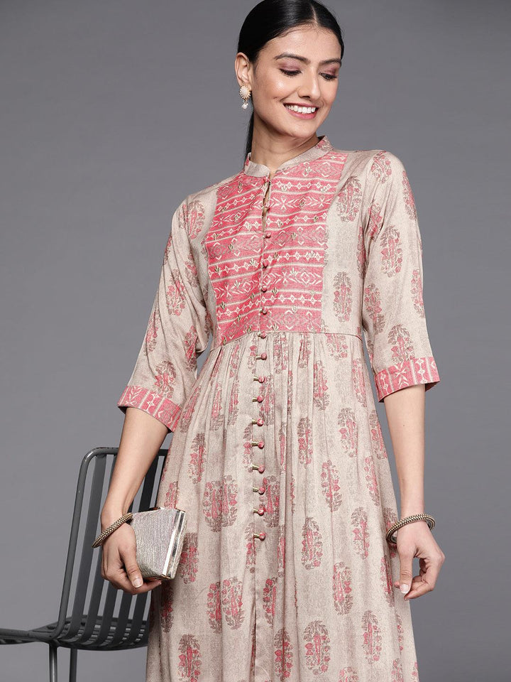 Taupe Printed Rayon Dress - ShopLibas