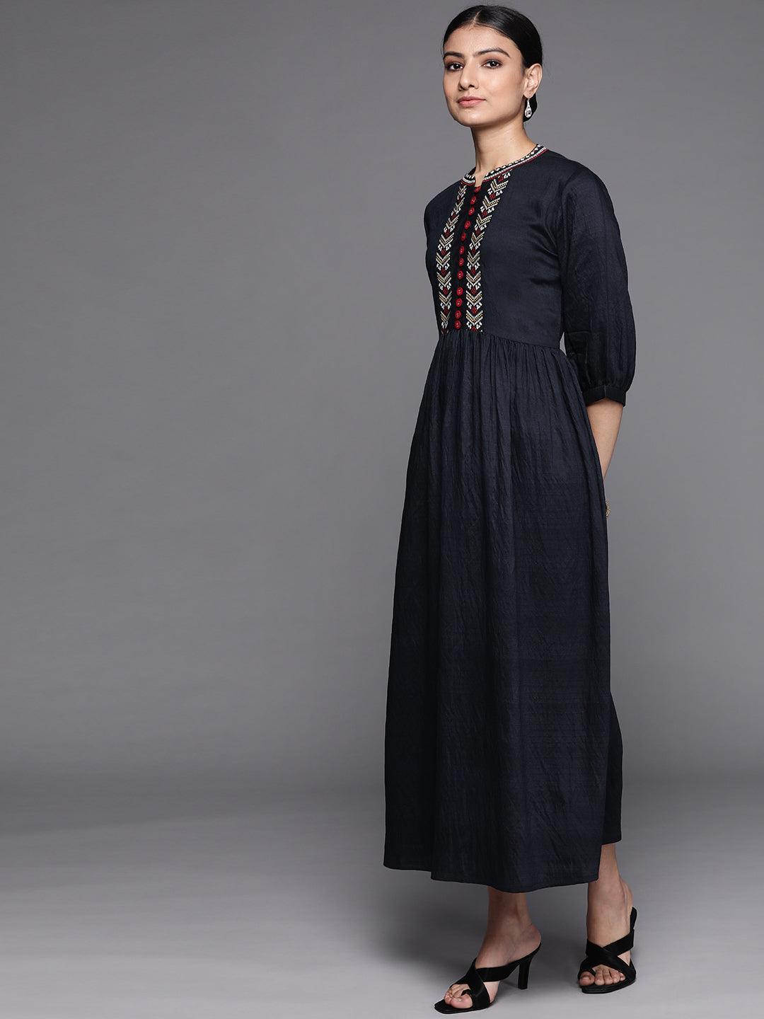 Navy Blue Embroidered Viscose Rayon Dress - ShopLibas