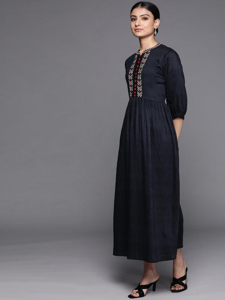 Navy Blue Embroidered Viscose Rayon Dress - ShopLibas