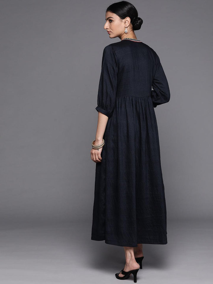 Navy Blue Embroidered Viscose Rayon Dress - ShopLibas
