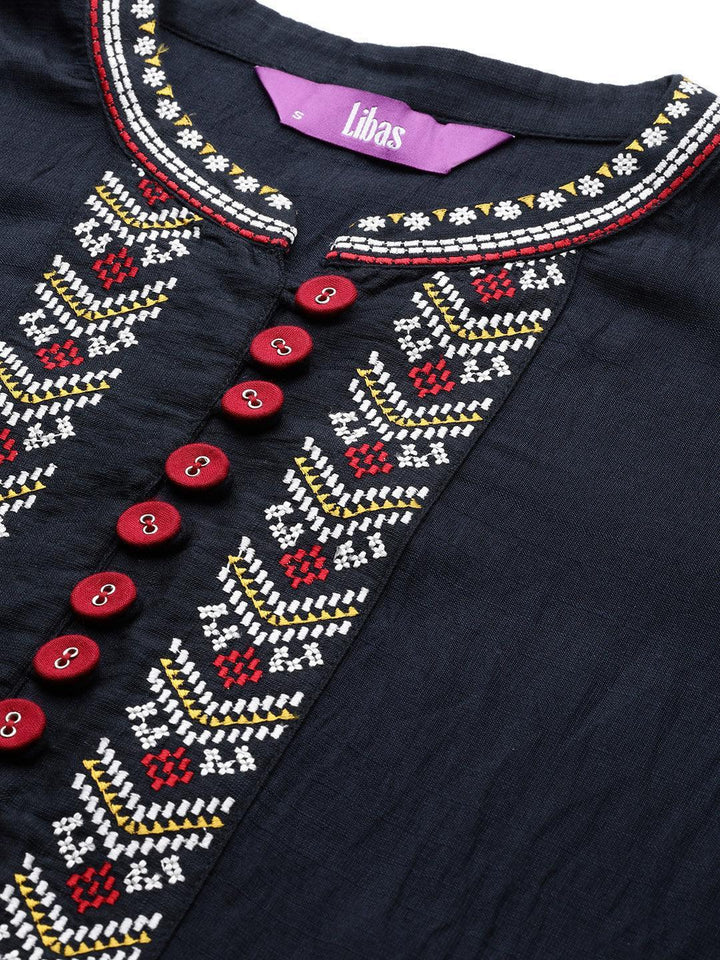 Navy Blue Embroidered Viscose Rayon Dress - ShopLibas