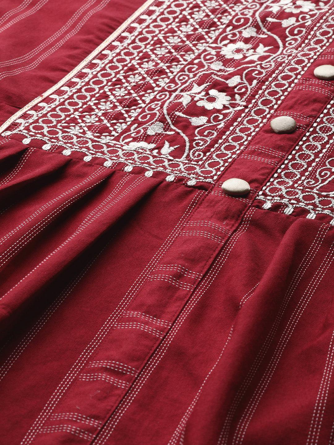 Maroon Embroidered Cotton Dress - ShopLibas