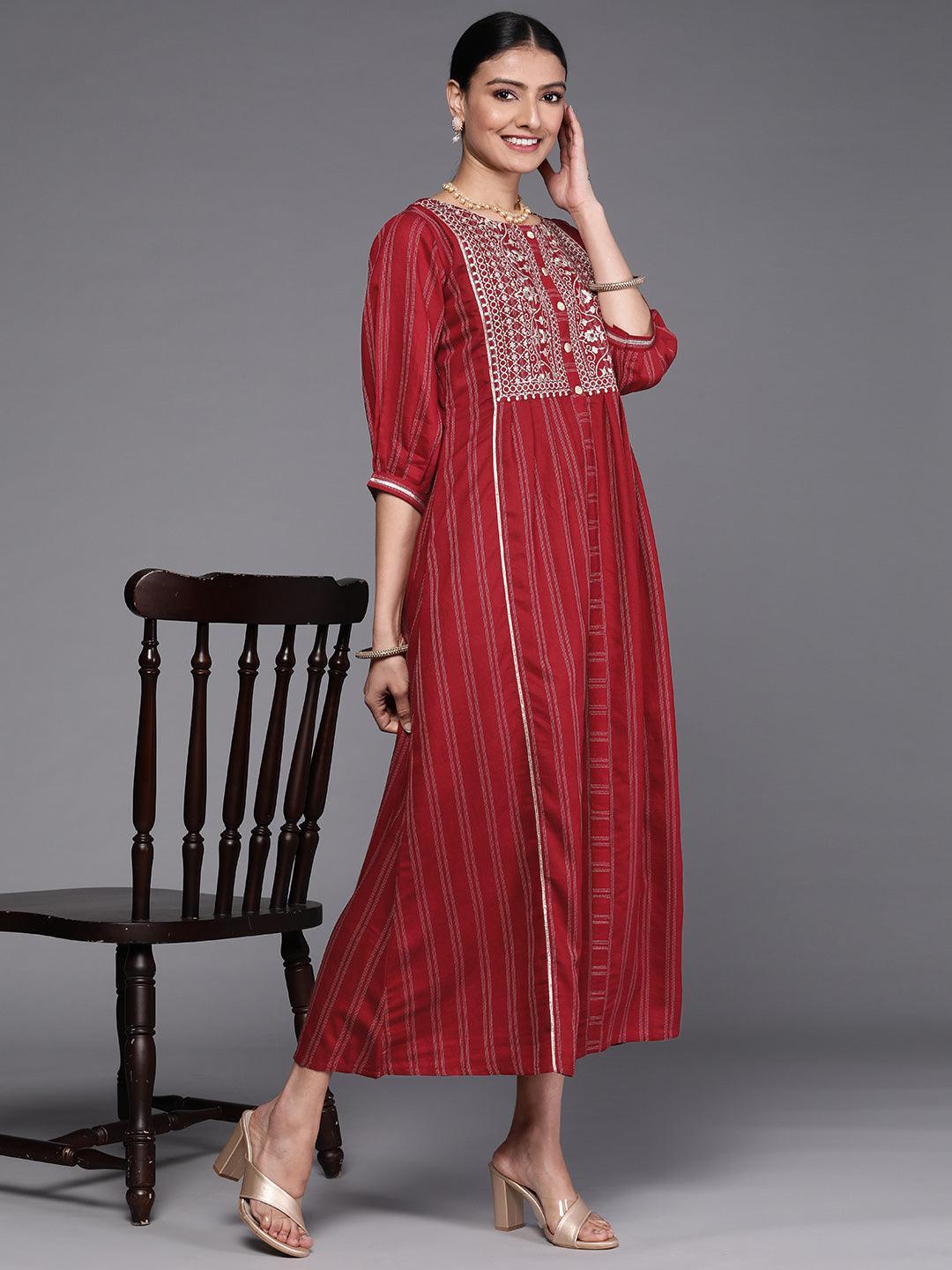Maroon Embroidered Cotton Dress - ShopLibas