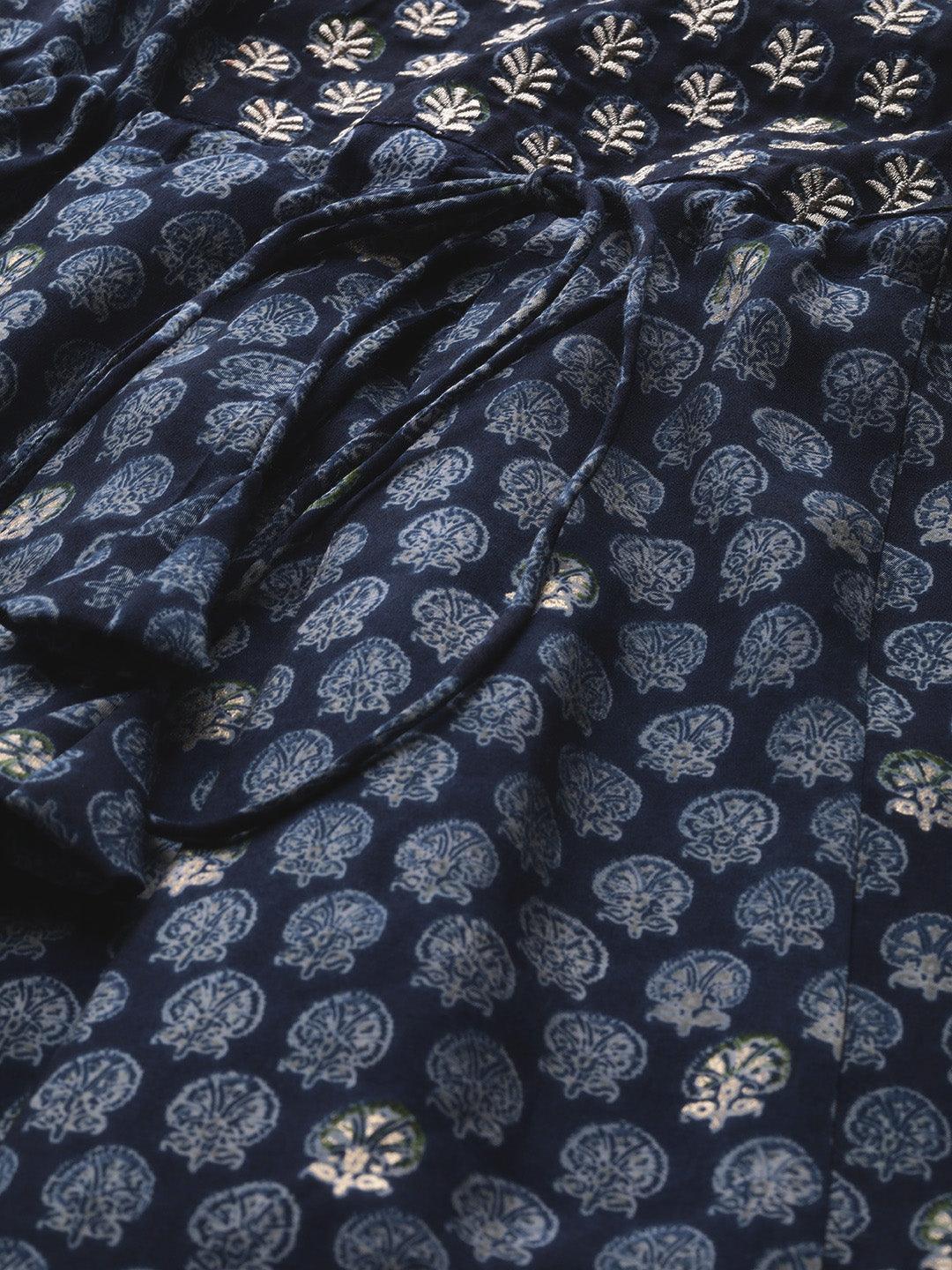 Navy Blue Printed Cotton Dress - ShopLibas