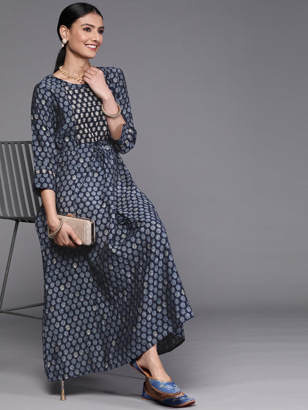 Navy Blue Printed Cotton Dress - ShopLibas
