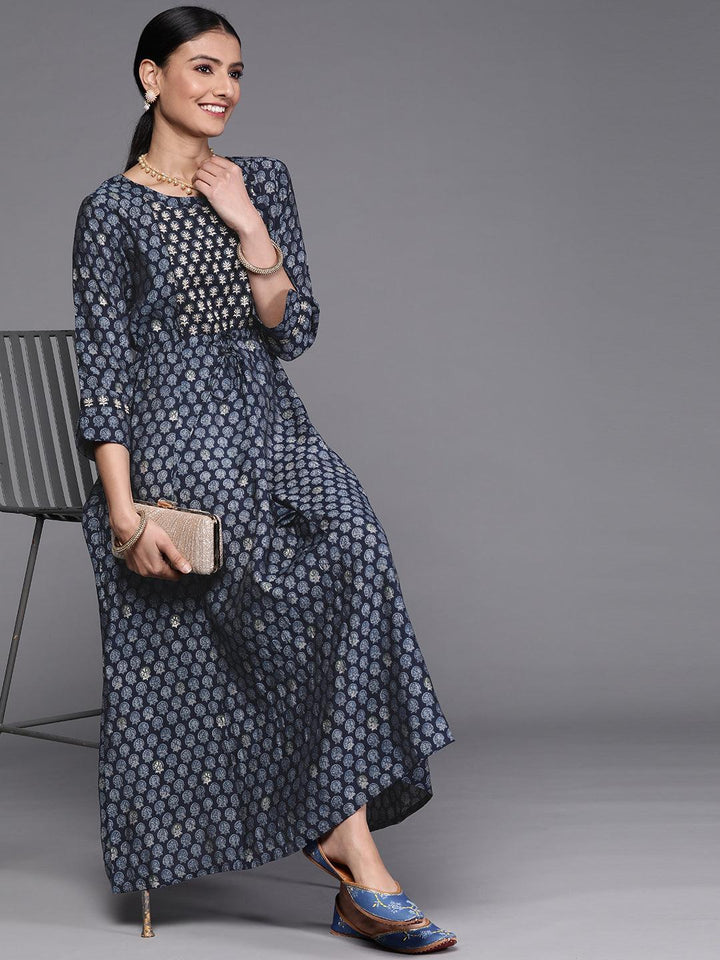Navy Blue Printed Cotton Dress - ShopLibas