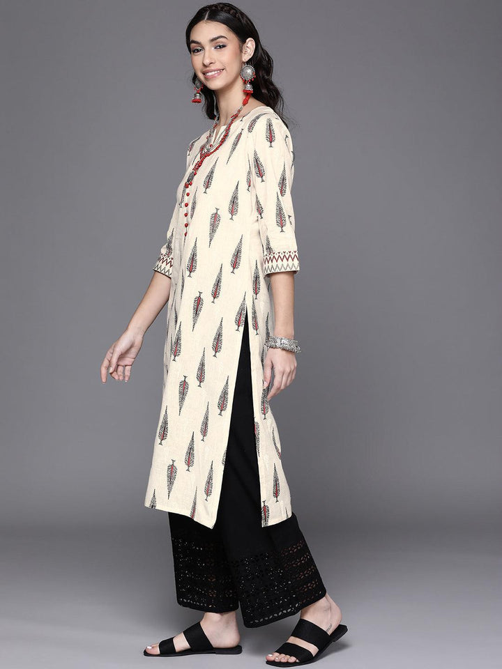 Off White Printed Cotton Kurta - ShopLibas