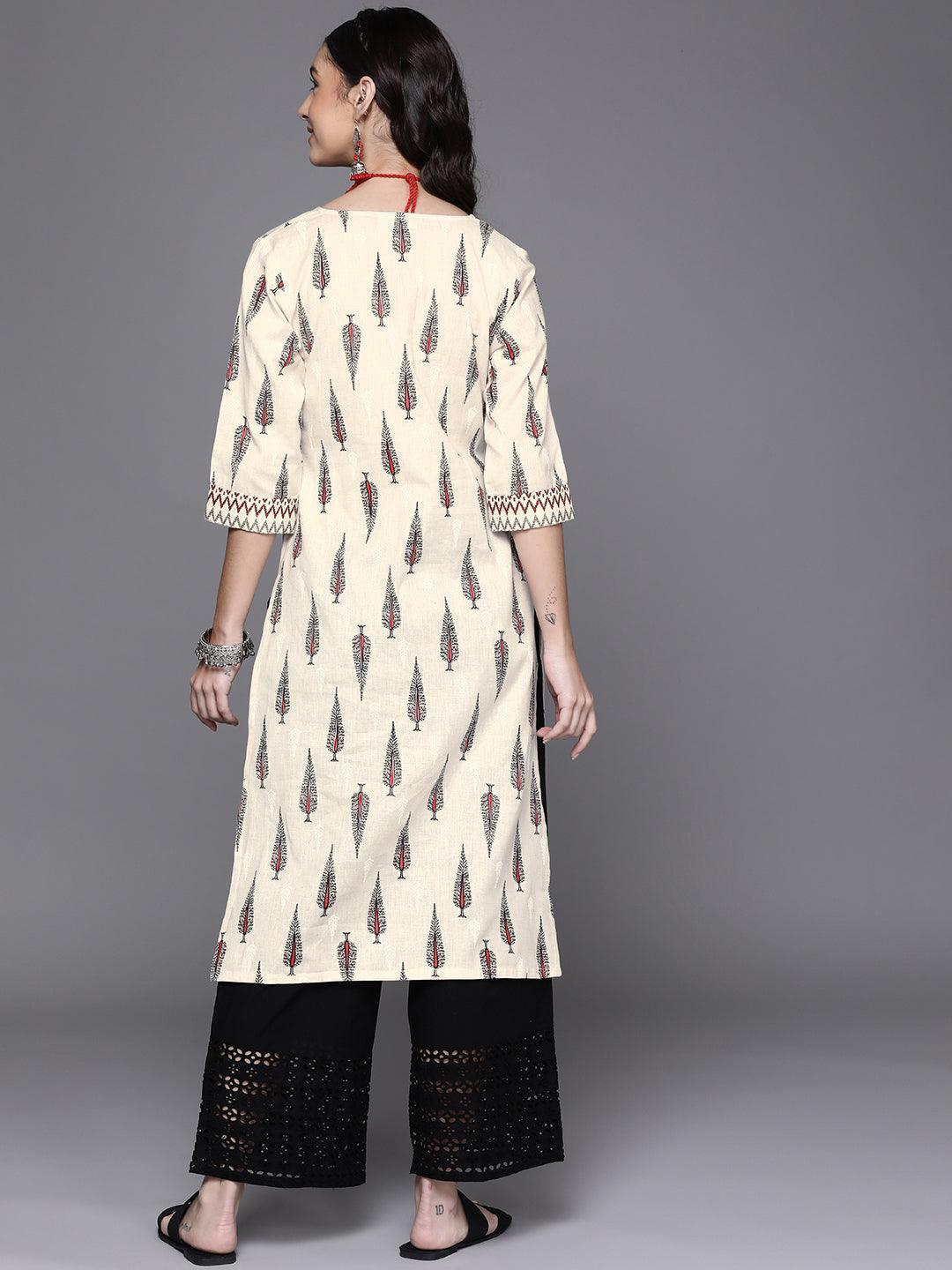 Off White Printed Cotton Kurta - ShopLibas