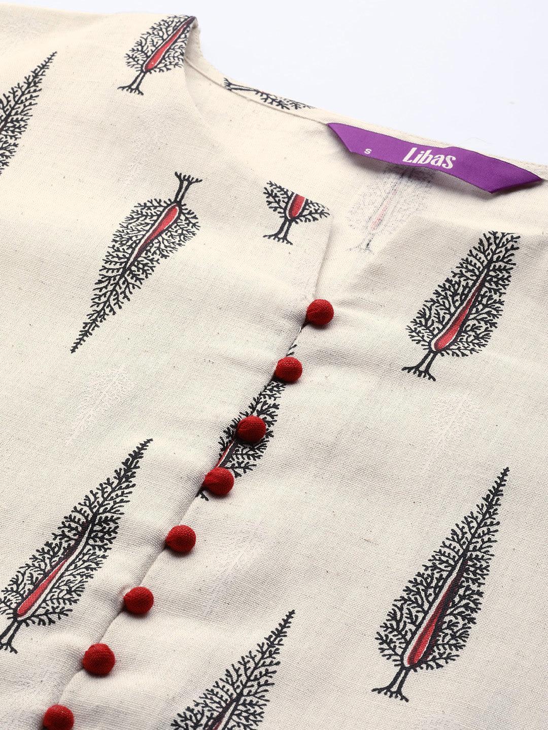 Off White Printed Cotton Kurta - ShopLibas