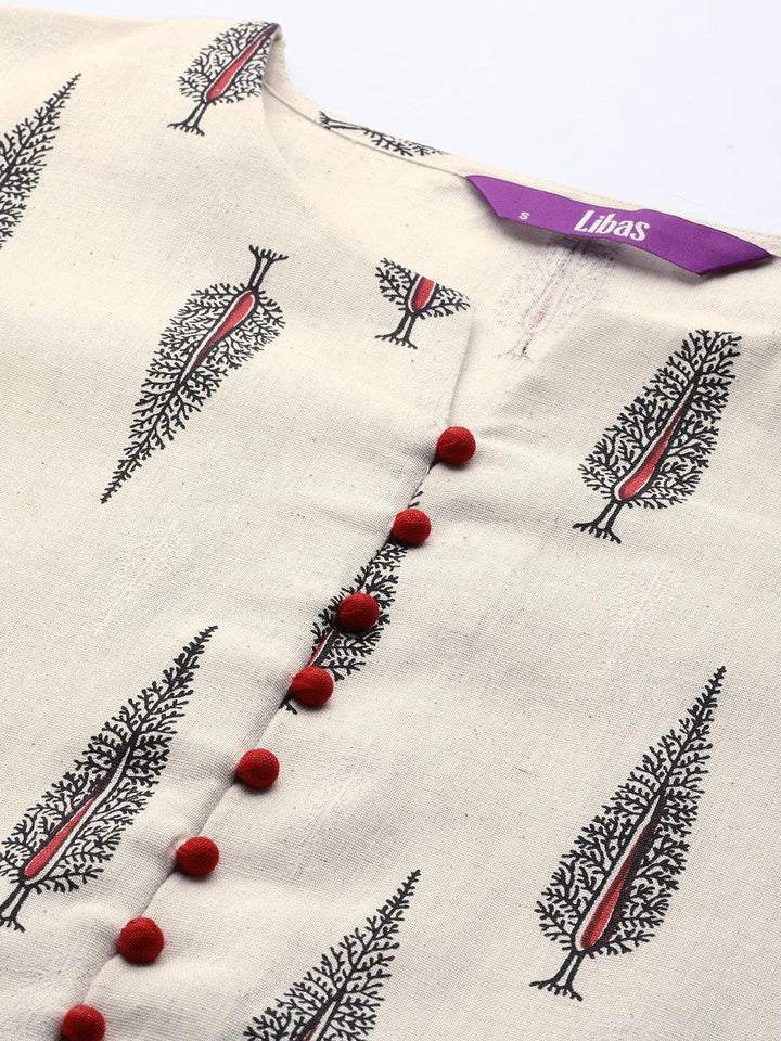 Off White Printed Cotton Kurta - ShopLibas