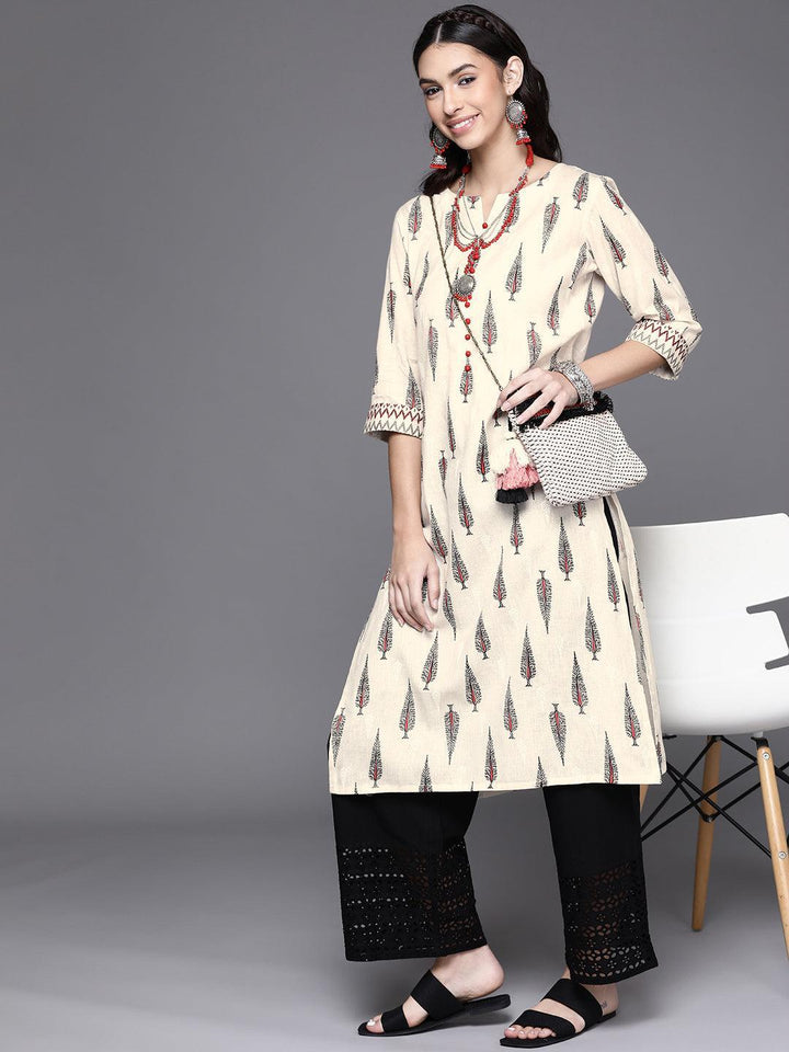 Off White Printed Cotton Kurta - ShopLibas