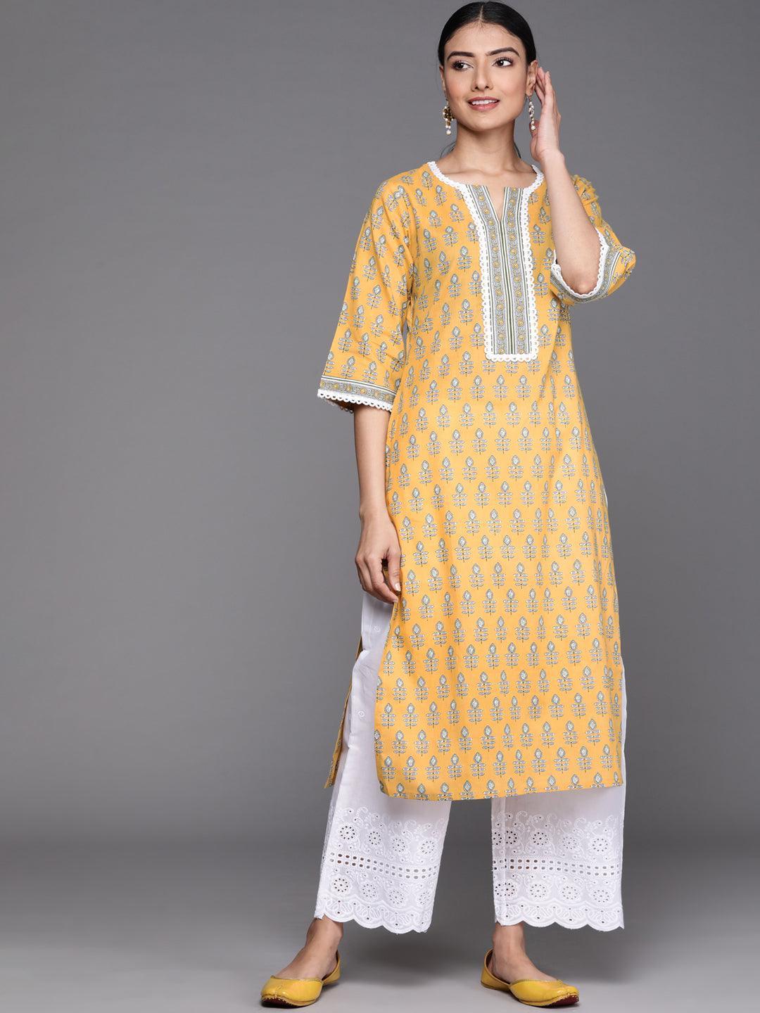Yellow Printed Cotton Kurta - ShopLibas