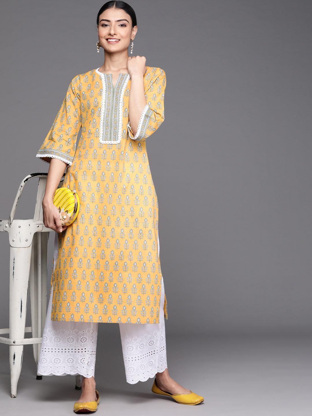 Yellow Printed Cotton Kurta - ShopLibas