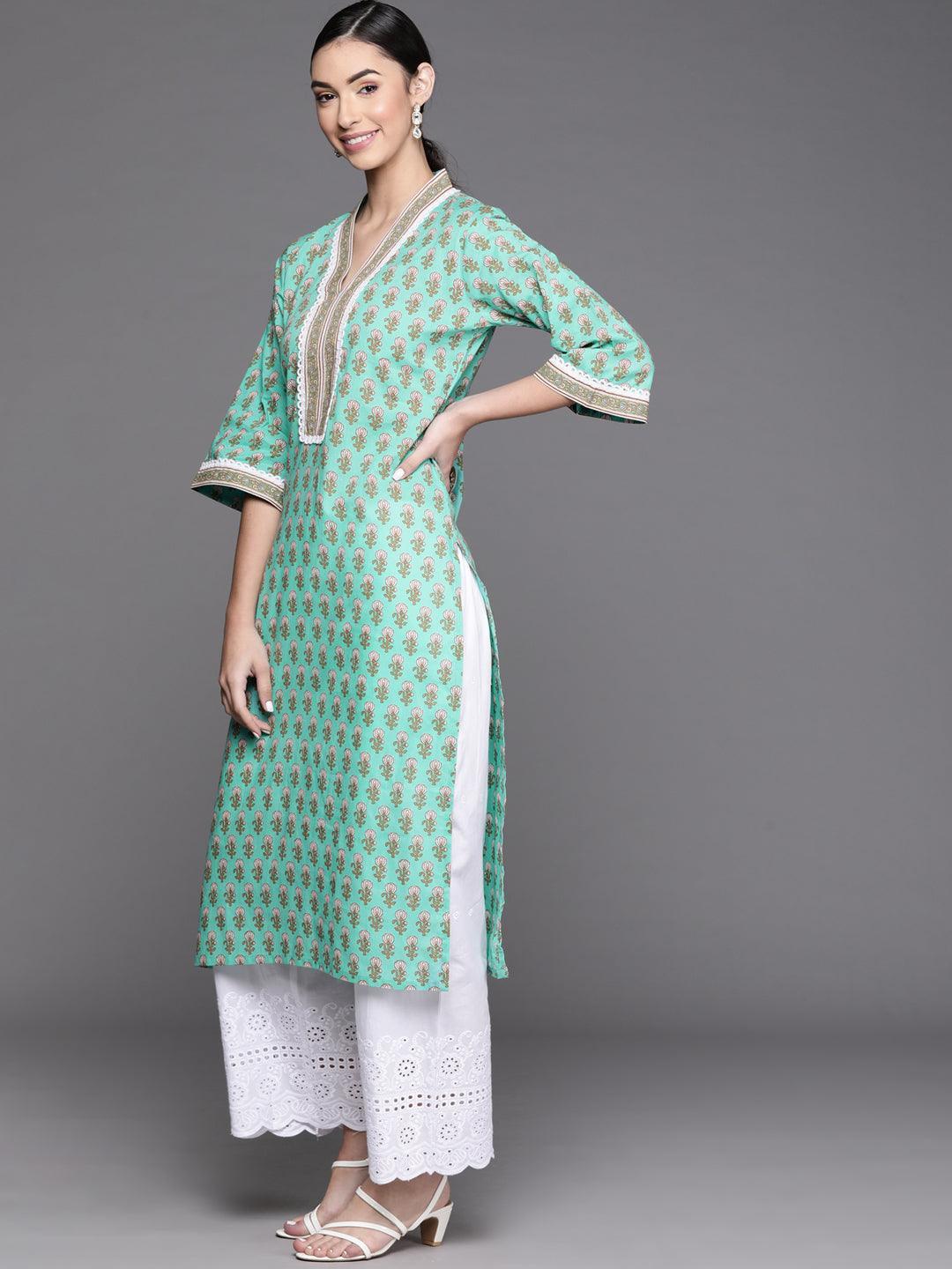 Sea Green Printed Cotton Kurta - ShopLibas