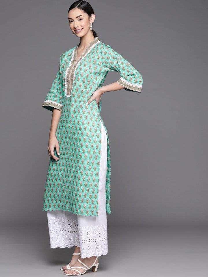 Sea Green Printed Cotton Kurta - ShopLibas