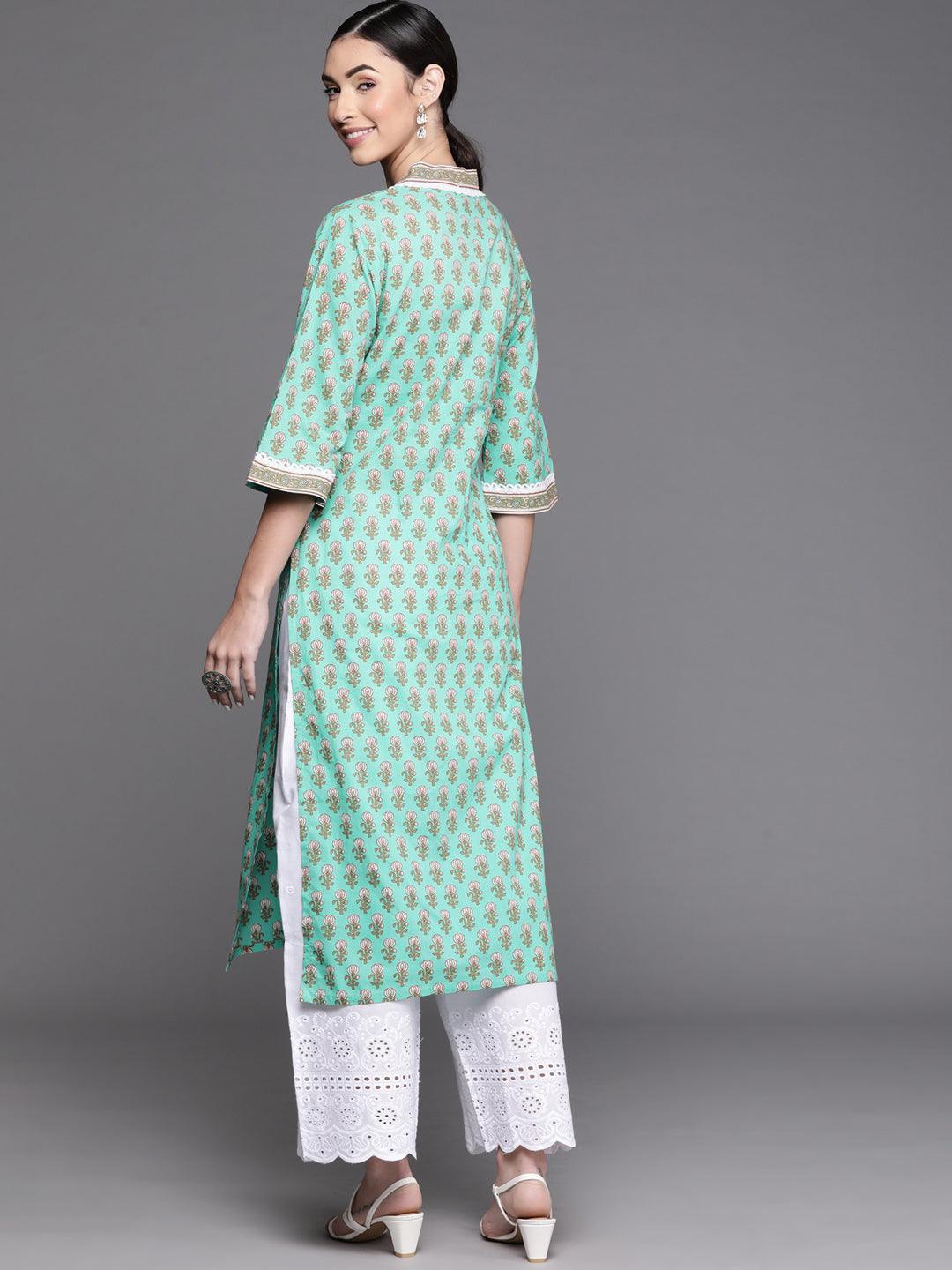 Sea Green Printed Cotton Kurta - ShopLibas