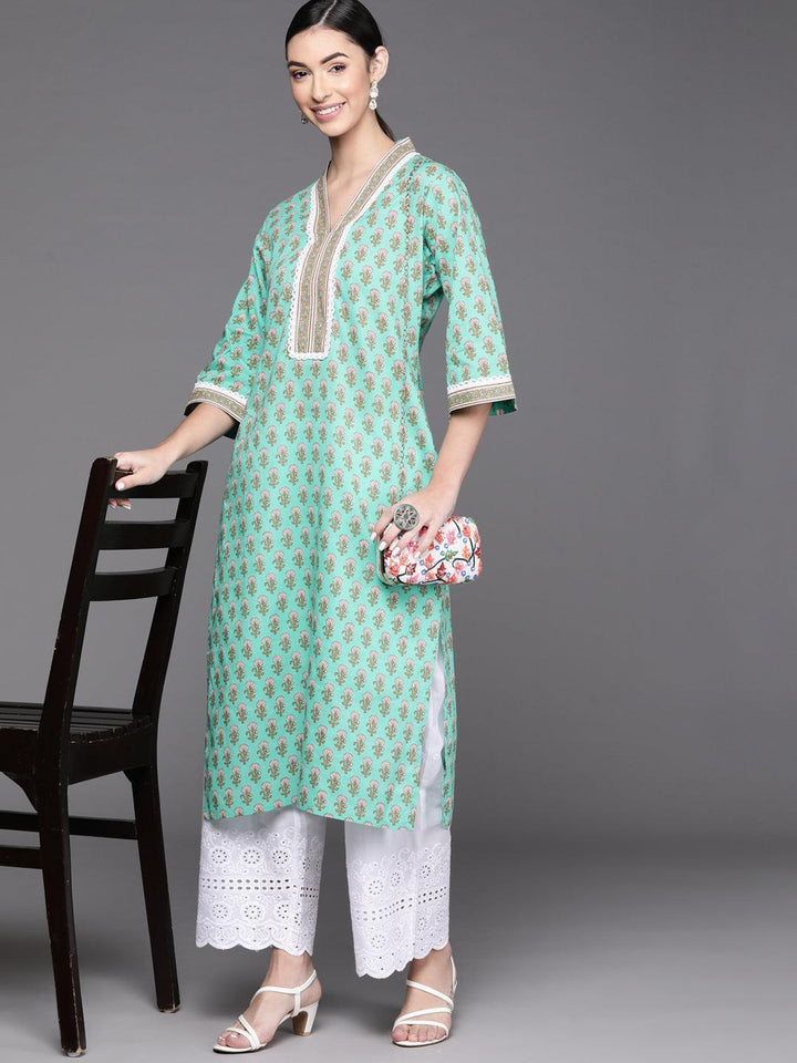 Sea Green Printed Cotton Kurta - ShopLibas