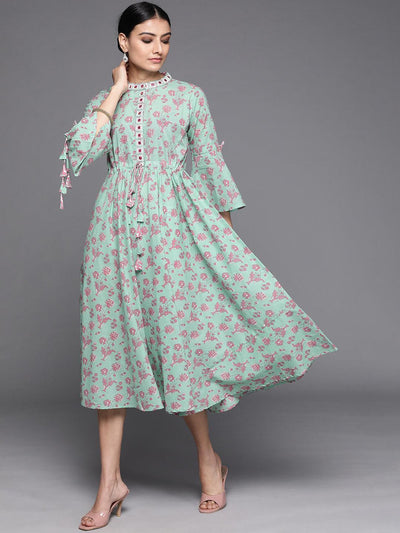 Sea Green Printed Cotton Dress - ShopLibas