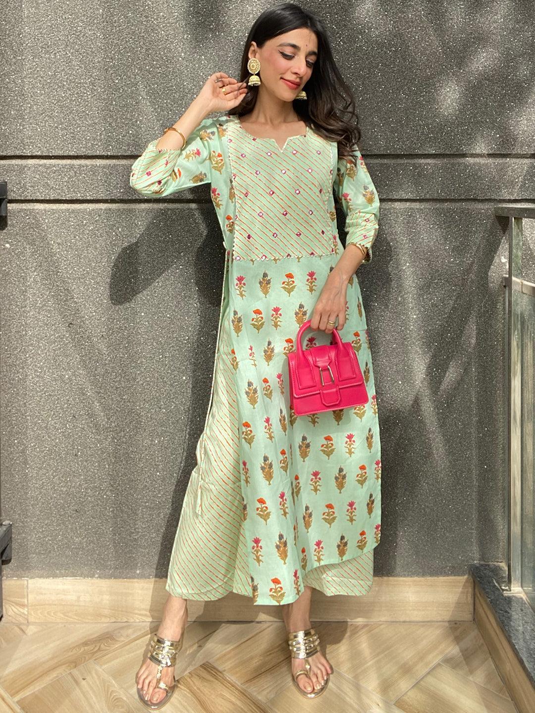 Green Printed Cotton Kurta - ShopLibas
