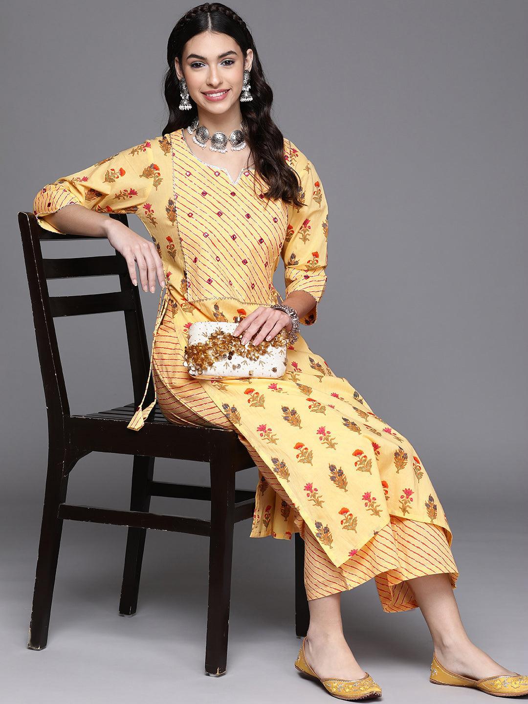 Yellow Printed Cotton Kurta - ShopLibas