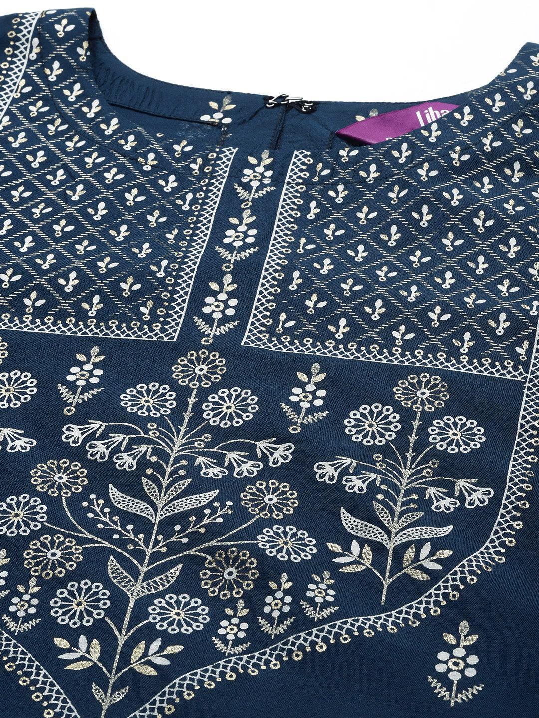 Navy Blue Yoke Design Silk Kurta - ShopLibas