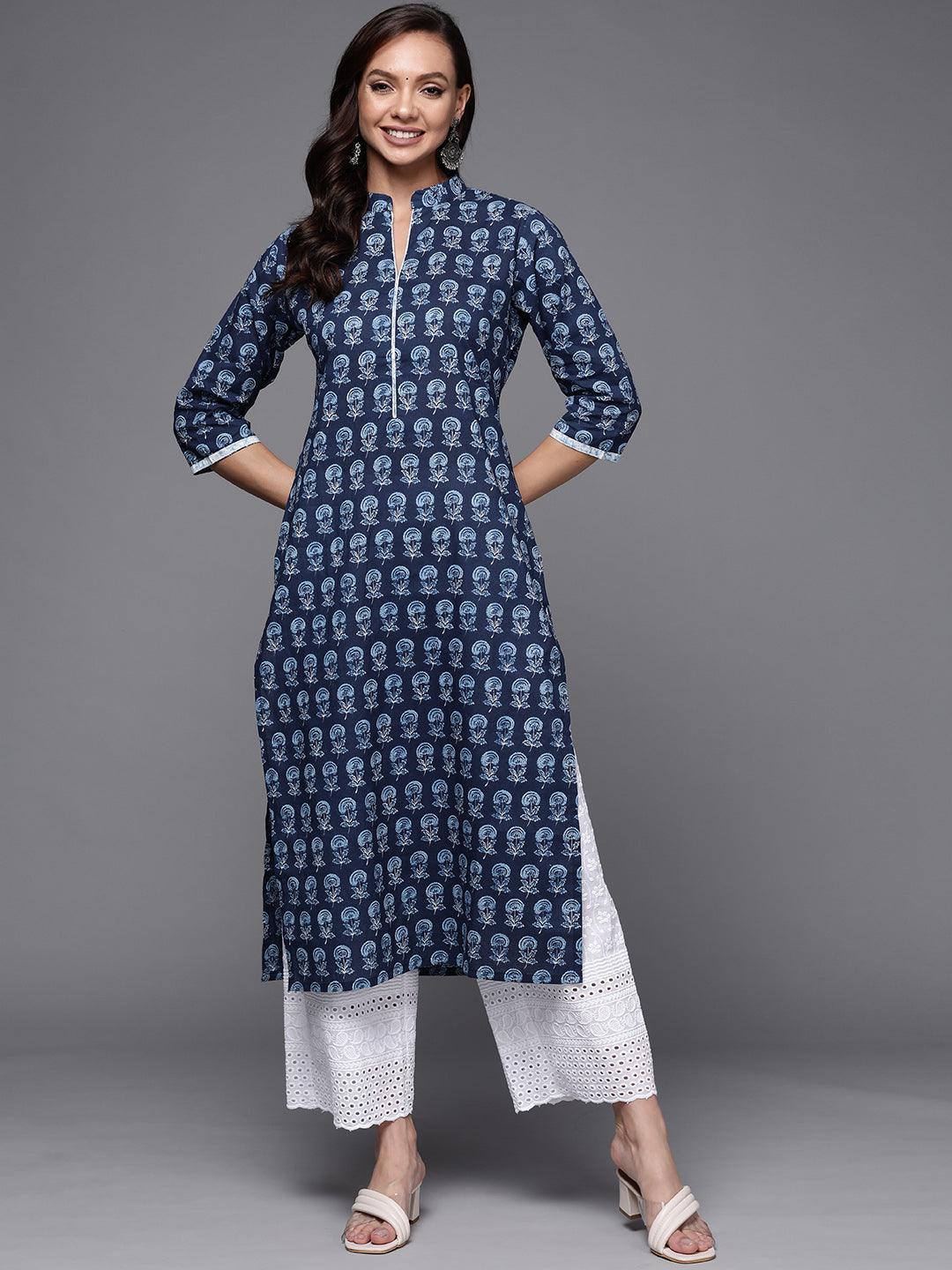 Navy Blue Printed Cotton Straight Kurta - ShopLibas