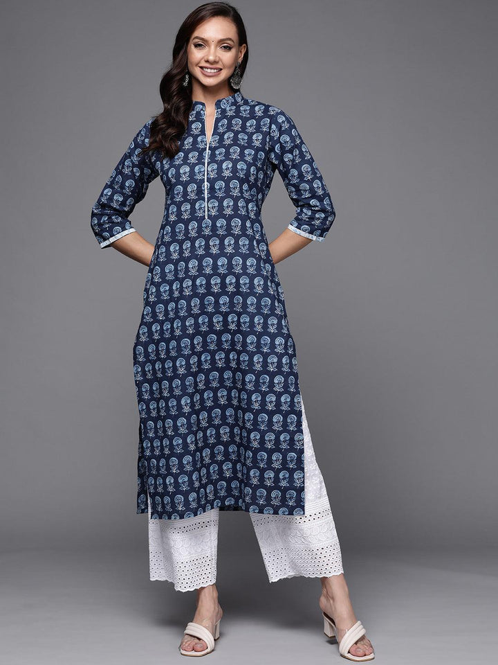 Navy Blue Printed Cotton Straight Kurta - ShopLibas