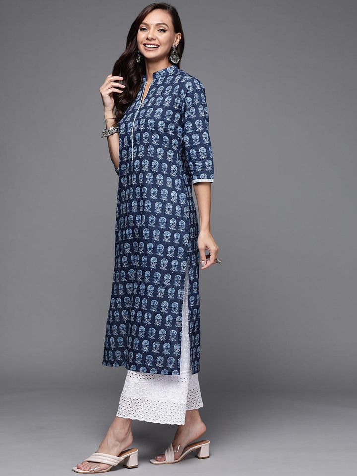 Navy Blue Printed Cotton Straight Kurta - ShopLibas